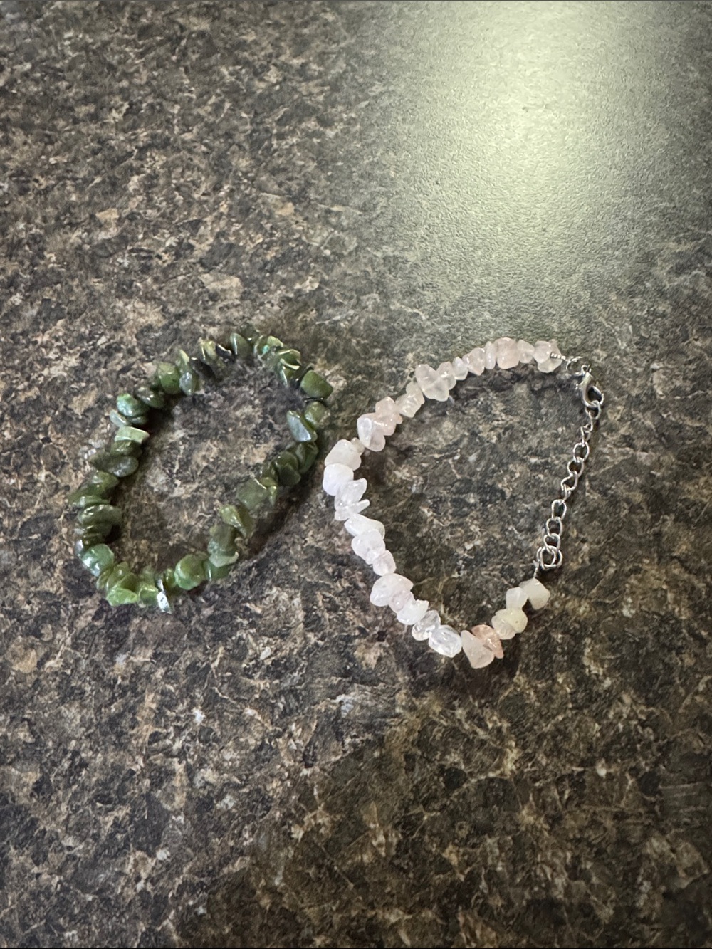 Rose Quartz and Green Stone Chip Bracelet Set